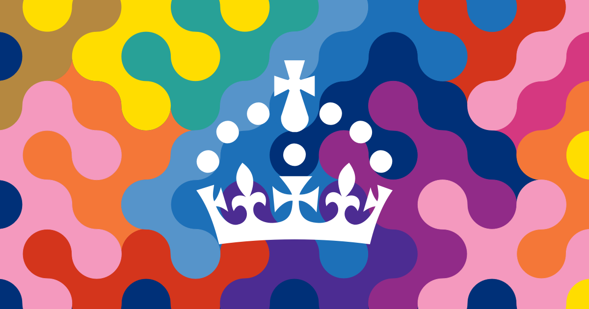 GOV.UK crown icon sat on a background of colourful interconnecting shapes.