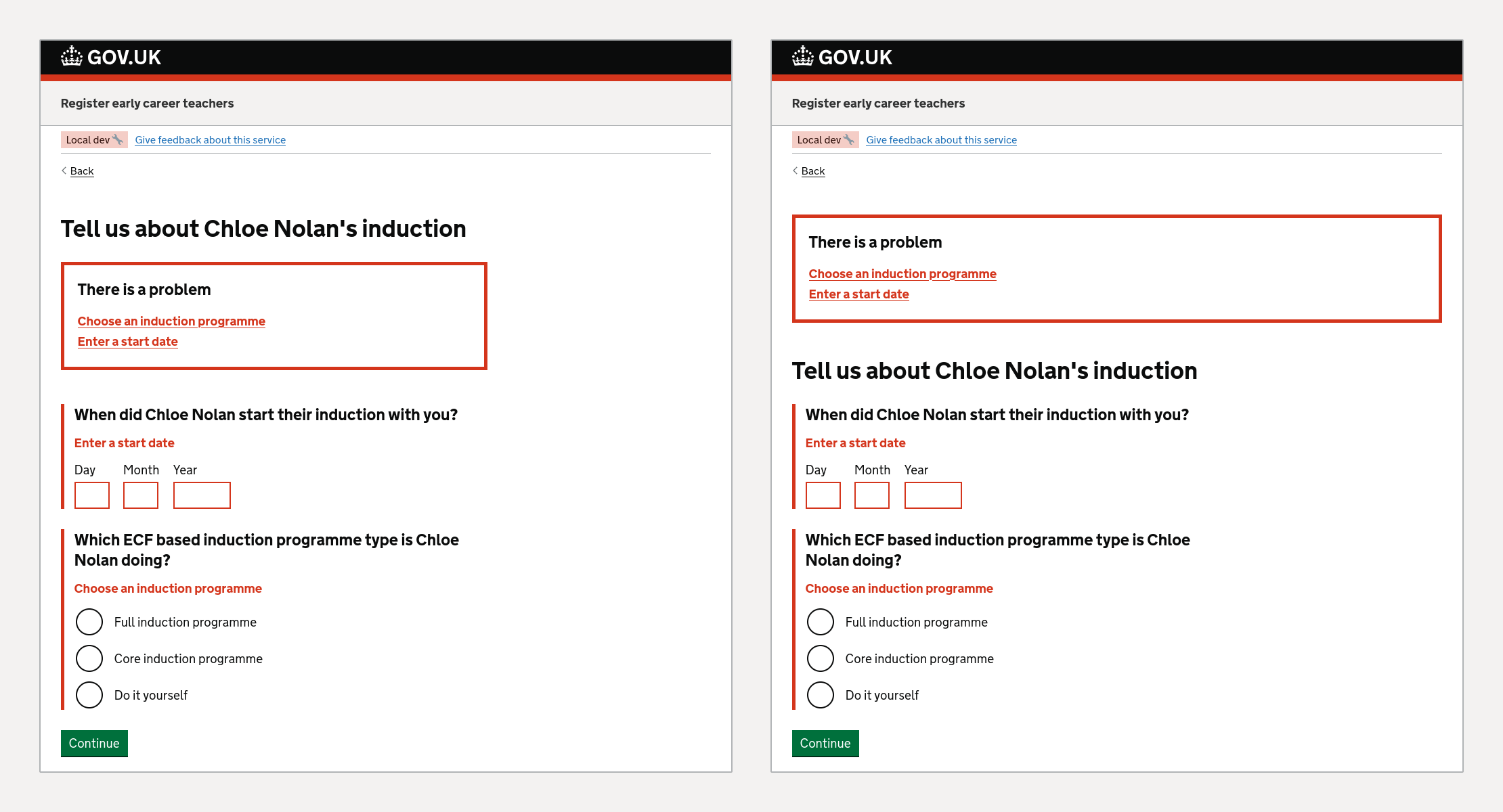 Two screenshots side by side showing a form with errors. The left one has the error summary after the h1 and the right one has the error summary first