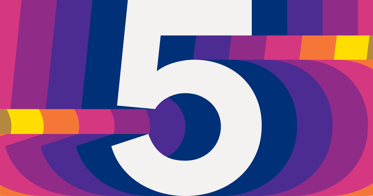 Numeral 5, with a background of coloured stripes based on the shape of the number.