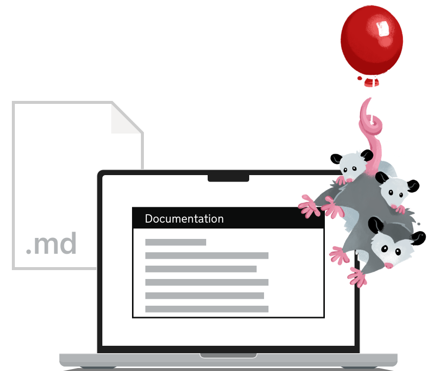 Eleventy’s possum mascot hanging on a red balloon and floating above a laptop.